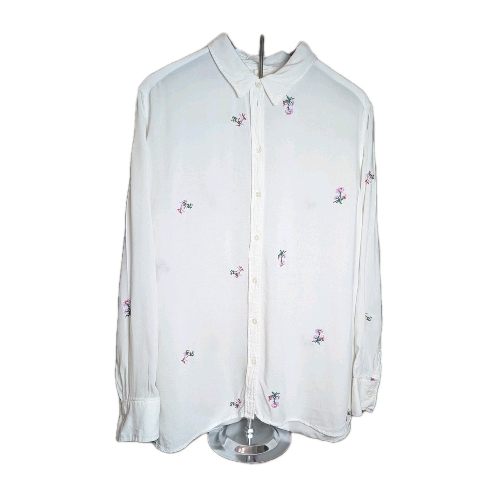 L.O.G.G. by H&M White Embroidered Floral Button Front Blouse Women's Size 14...